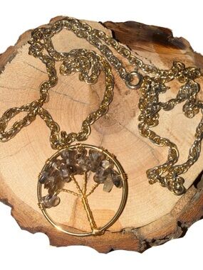 Smoky Quartz Tree Necklace, Vintage Gold Chain 24" Protection